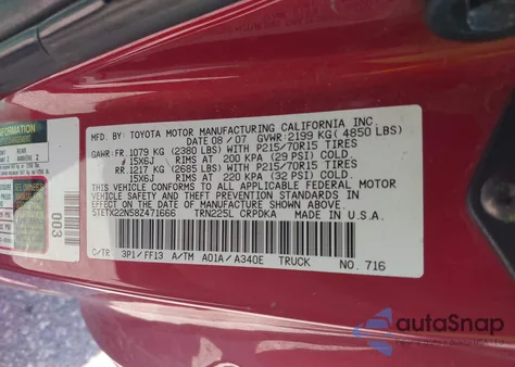 2008 Toyota Tacoma z USA, uszkodzony, nr VIN 5TETX22N58Z471666